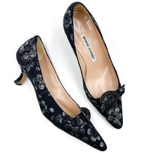 Manolo‎ Blahnik Kitten Heel Pumps Black Jacquard Crystal Buckle Sz 36.5 / 6.5